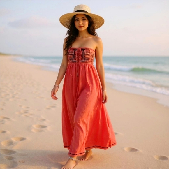 Esley ✦ Coral Strapless Midi Dress ✦ Embroidered w/ Lace-Up Bust & Boho Hem Sz S - Picture 2 of 13